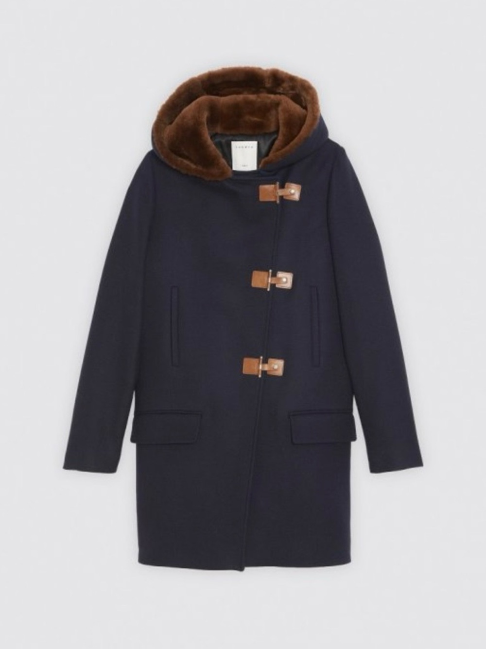 Sandro navy wool duffle coat with faux fur hood